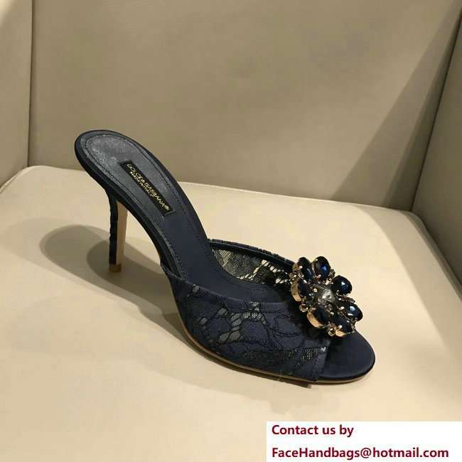 Dolce  &  Gabbana Heel 7cm Slippers Dark Blue In Lace With Crystals 2018